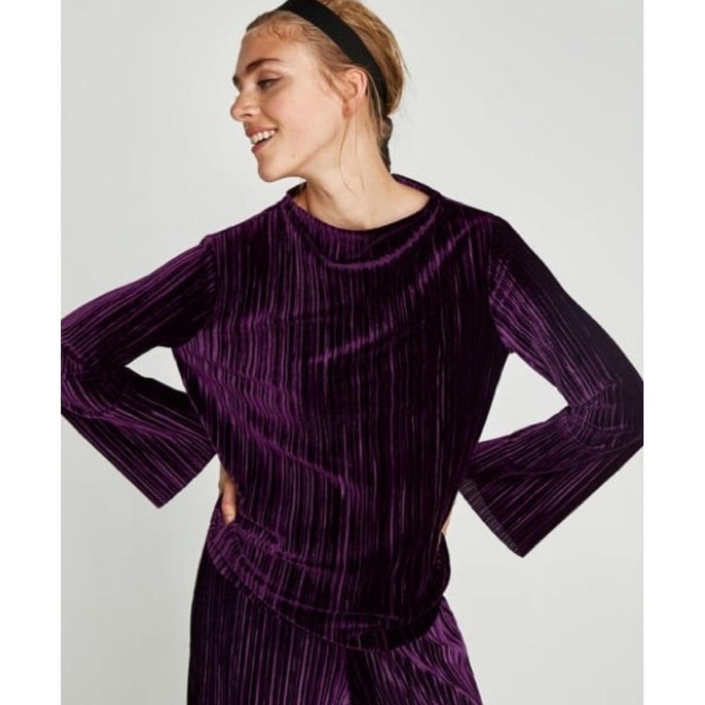 Zara velvet purple plum long sleeve pleated whimsigoth vamp L top